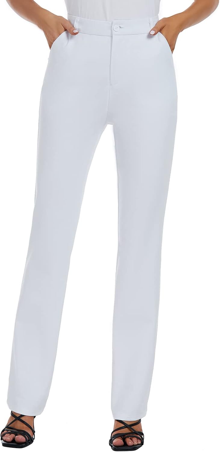 Women's Straight Leg Dress Pants - Stretch Office Slacks with Elastic Waistband, Belt Loops and Working Pockets - 0