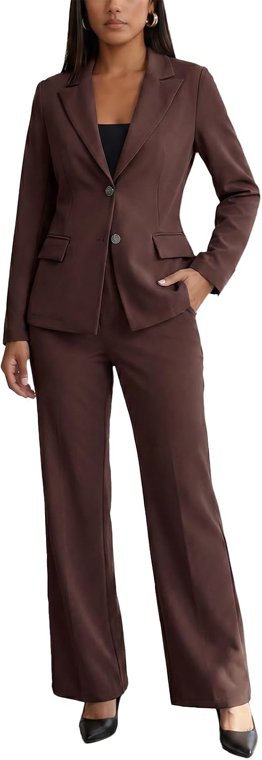 Women's Two Piece Suit Set - Long Sleeve Blazer with Straight Leg Trousers in Solid Colours for Office Work - Apricot