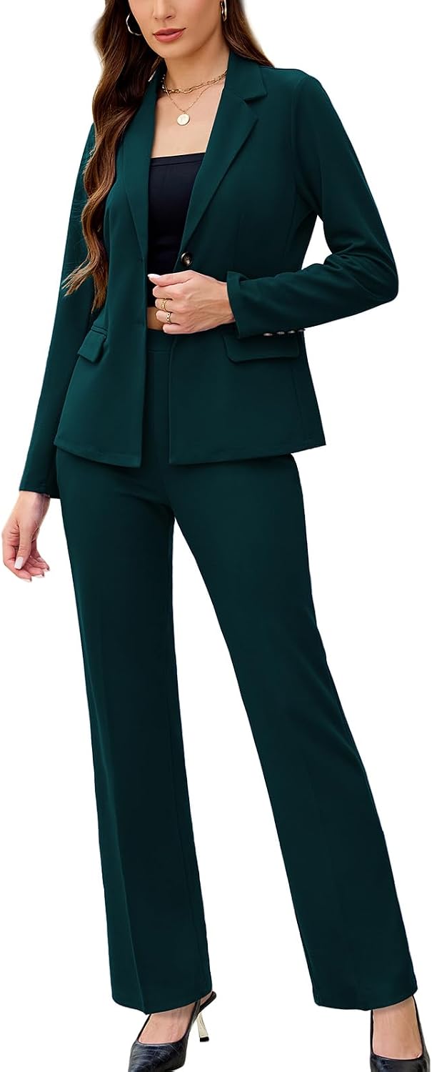 Women's Solid Two Piece Pantsuit - Long Sleeve Blazer and Trousers Set for Professional Office and Work Days - Small (11