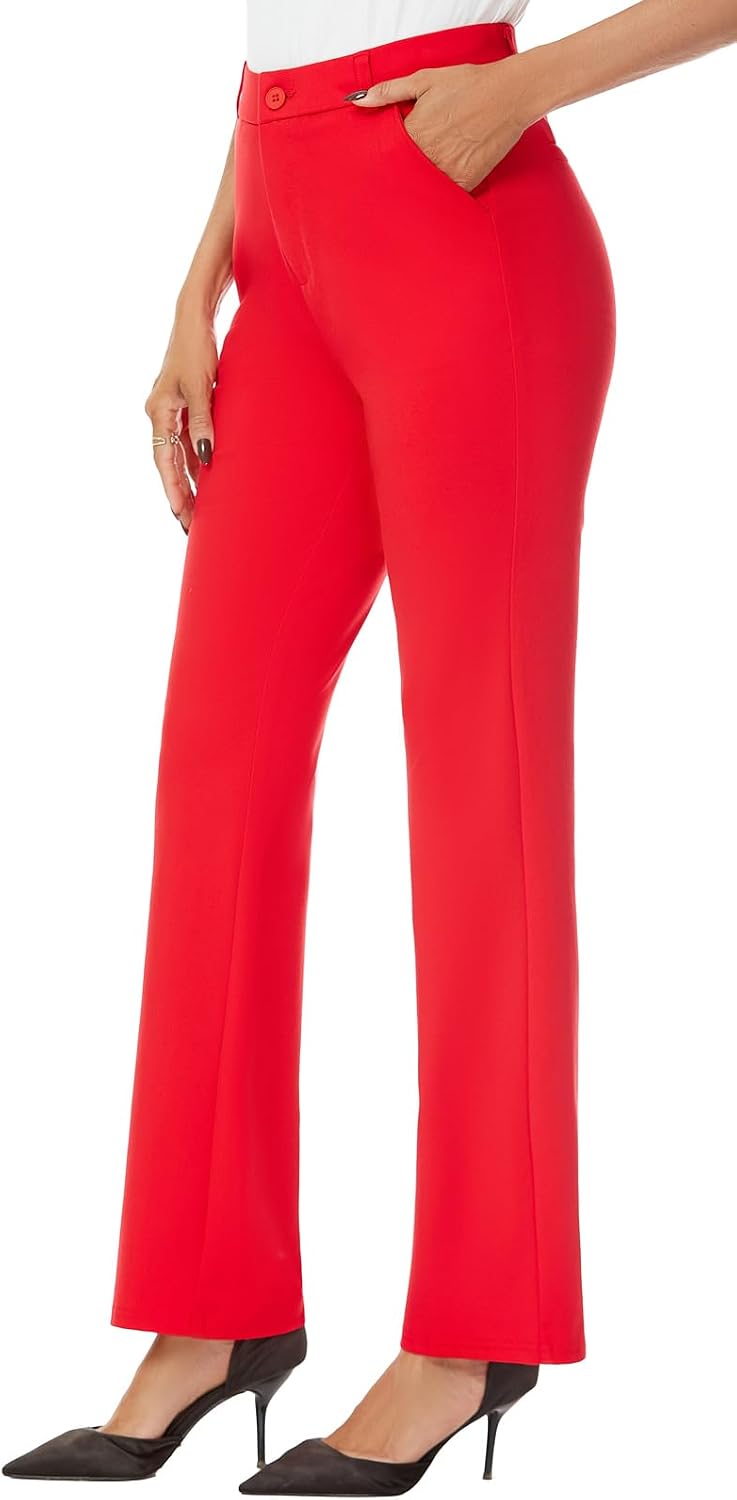 Women's Straight Leg Dress Pants - Stretch Office Slacks with Elastic Waistband, Belt Loops and Working Pockets - 0