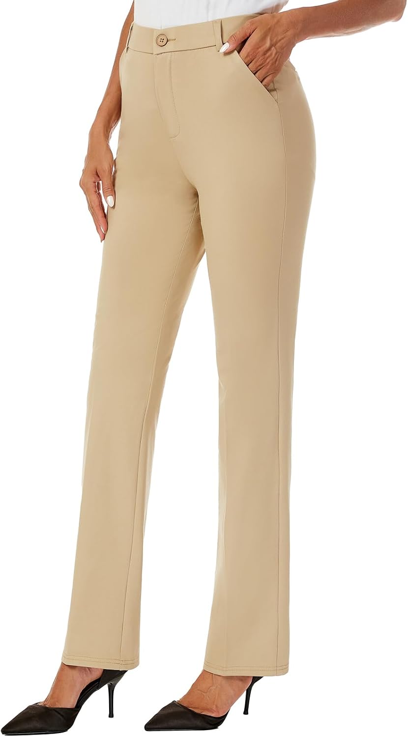 Women's Straight Leg Dress Pants - Stretch Office Slacks with Elastic Waistband, Belt Loops and Working Pockets - 4 Tall