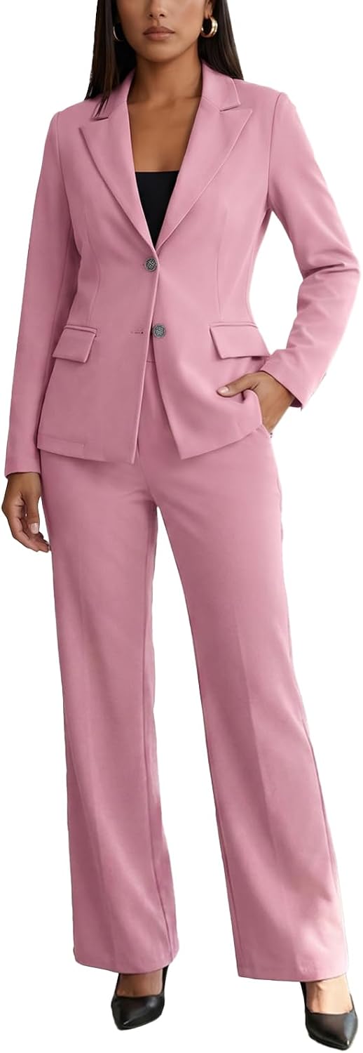 Women's Two Piece Suit Set - Long Sleeve Blazer with Straight Leg Trousers in Solid Colours for Office Work - Apricot
