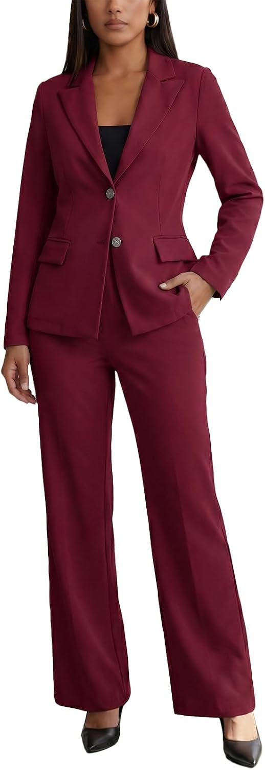Women's Two Piece Suit Set - Long Sleeve Blazer with Straight Leg Trousers in Solid Colours for Office Work - Army Green