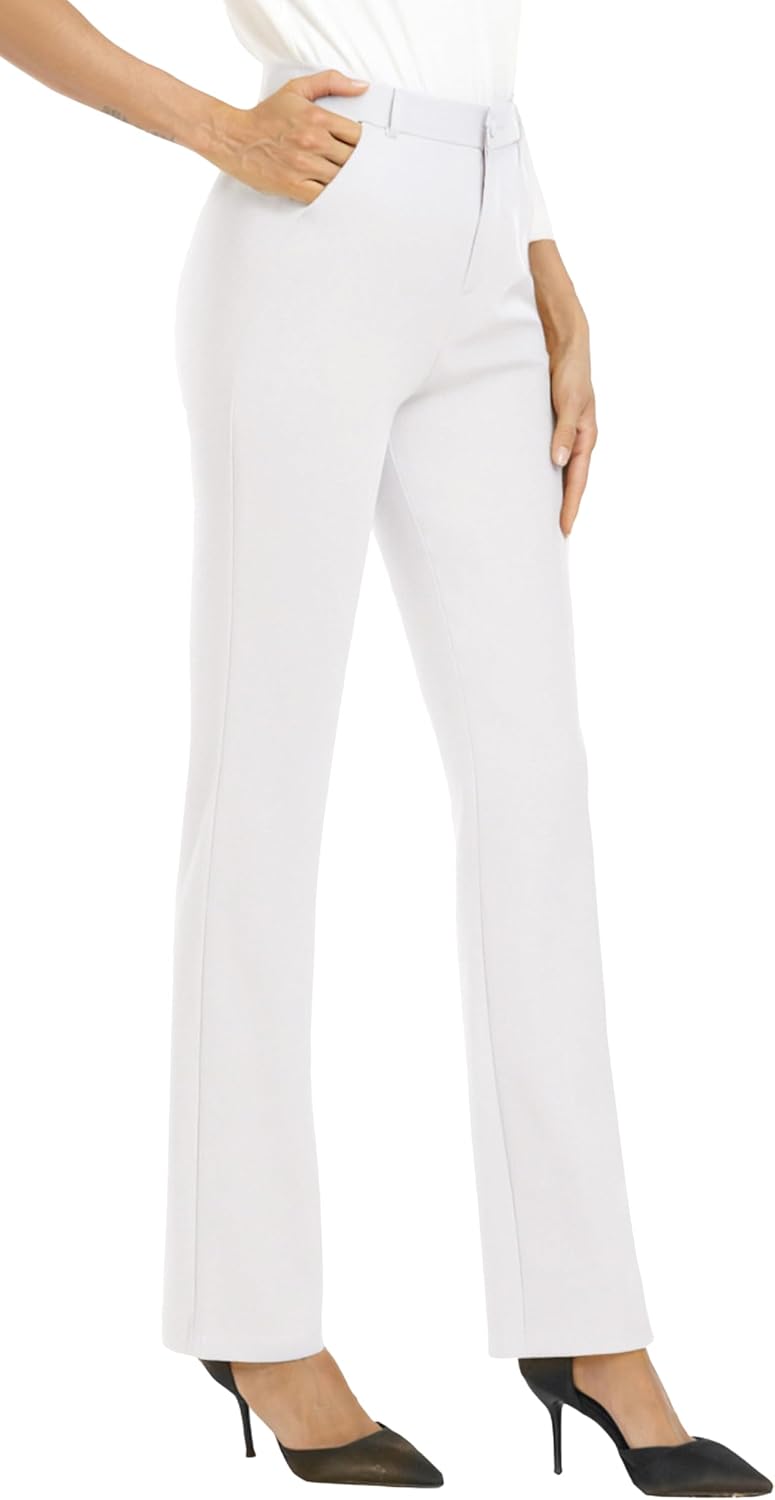 Women's Straight Leg Dress Pants - Stretch Office Slacks with Elastic Waistband, Belt Loops and Working Pockets - 0 Shor
