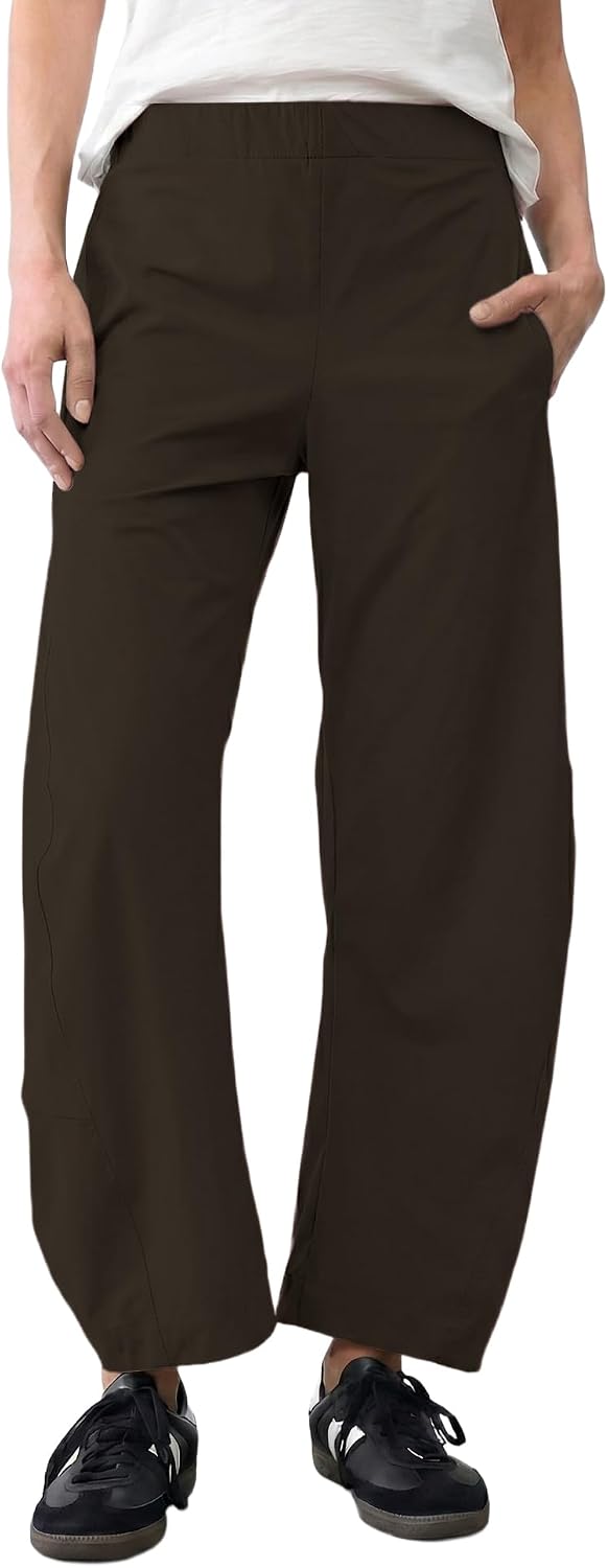 Women's Barrel Leg Ankle Pants - Loose Tapered Crop Trousers with Hidden Elastic Waist and Side Pockets - Small