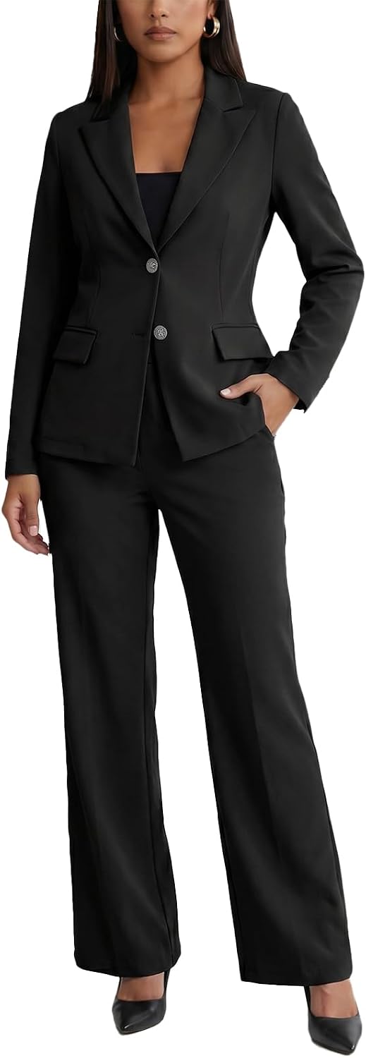 Women's Two Piece Suit Set - Long Sleeve Blazer with Straight Leg Trousers in Solid Colours for Office Work - Apricot