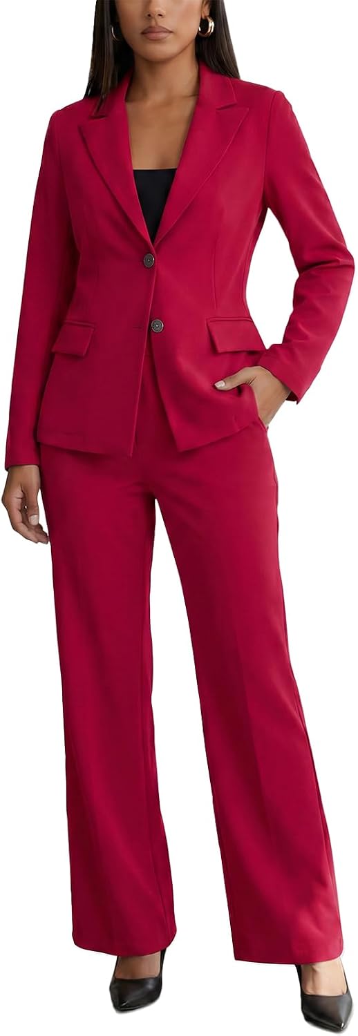 Women's Two Piece Suit Set - Long Sleeve Blazer with Straight Leg Trousers in Solid Colours for Office Work - Army Green