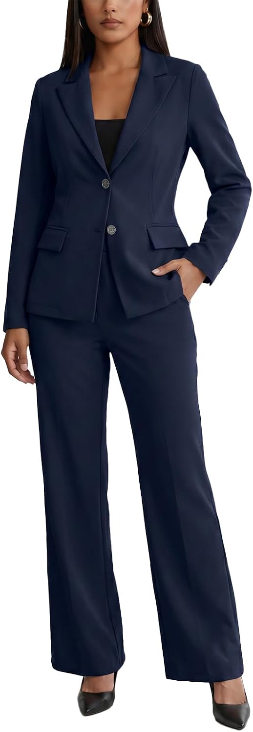 Women's Two Piece Suit Set - Long Sleeve Blazer with Straight Leg Trousers in Solid Colours for Office Work - Army Green