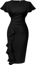 Women's Ruffle Sleeve Sheath Dress - Ruched Waist Midi with Back Zipper and Knee Length Hem for Office Wear - Small