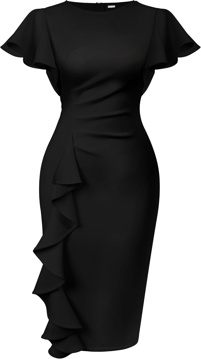 Women's Ruffle Sleeve Sheath Dress - Ruched Waist Midi with Back Zipper and Knee Length Hem for Office Wear - Small