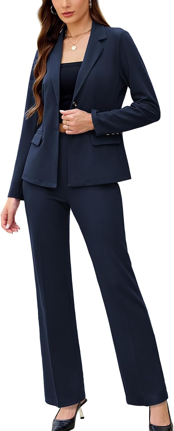 Women's Solid Two Piece Pantsuit - Long Sleeve Blazer and Trousers Set for Professional Office and Work Days - Small (9)