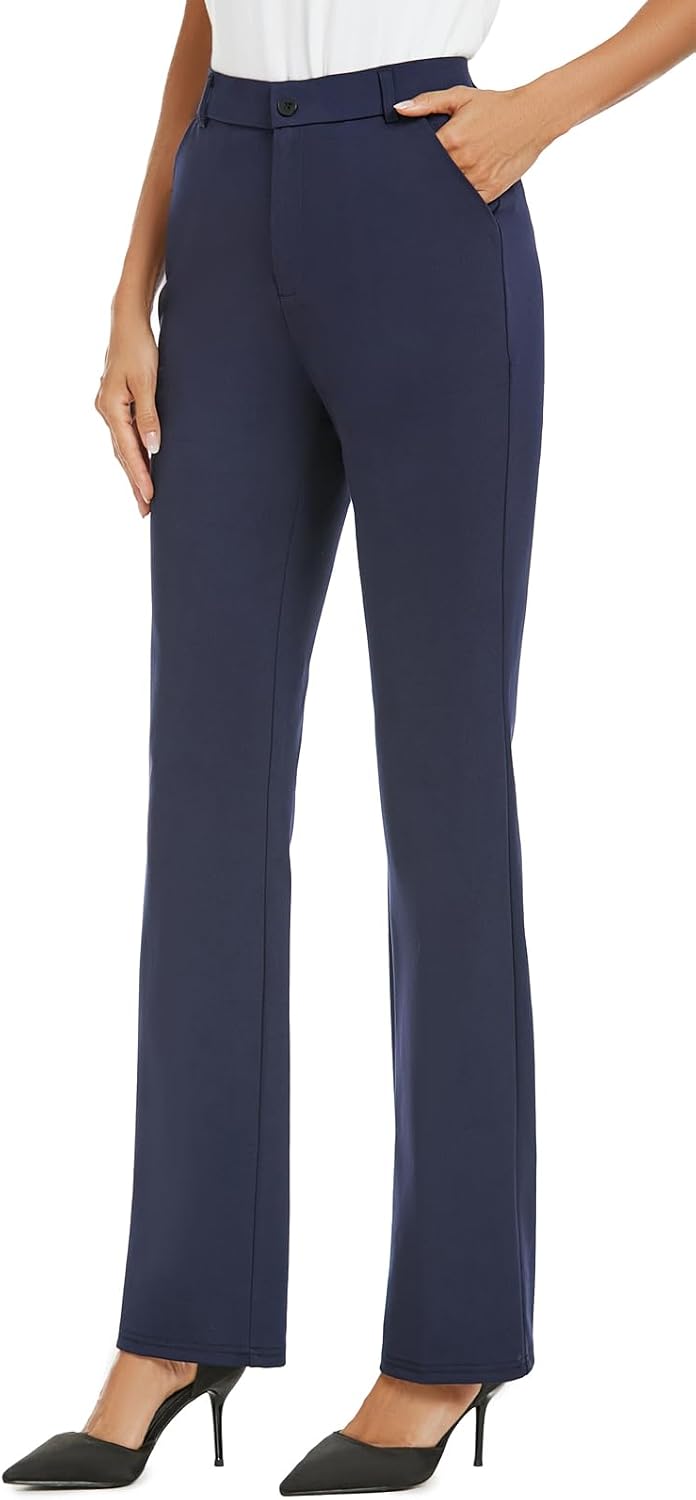Women's Straight Leg Dress Pants - Stretch Office Slacks with Elastic Waistband, Belt Loops and Working Pockets - 0 Shor