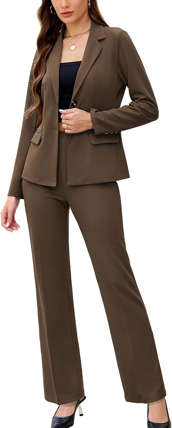 Women's Solid Two Piece Pantsuit - Long Sleeve Blazer and Trousers Set for Professional Office and Work Days - Small