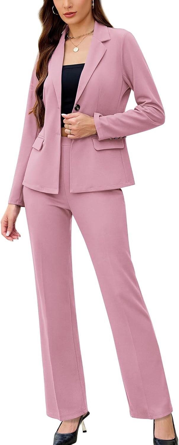 Women's Solid Two Piece Pantsuit - Long Sleeve Blazer and Trousers Set for Professional Office and Work Days - Small (13