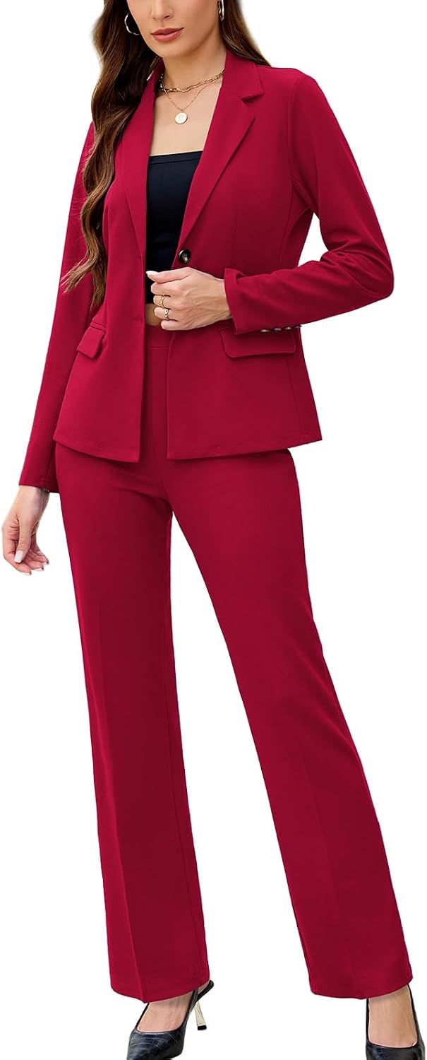 Women's Solid Two Piece Pantsuit - Long Sleeve Blazer and Trousers Set for Professional Office and Work Days - Small