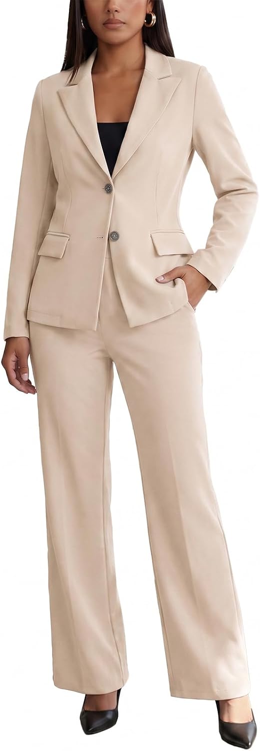 Women's Two Piece Suit Set - Long Sleeve Blazer with Straight Leg Trousers in Solid Colours for Office Work - Apricot (2