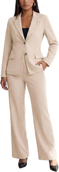 Women's Two Piece Suit Set - Long Sleeve Blazer with Straight Leg Trousers in Solid Colours for Office Work - Apricot (2