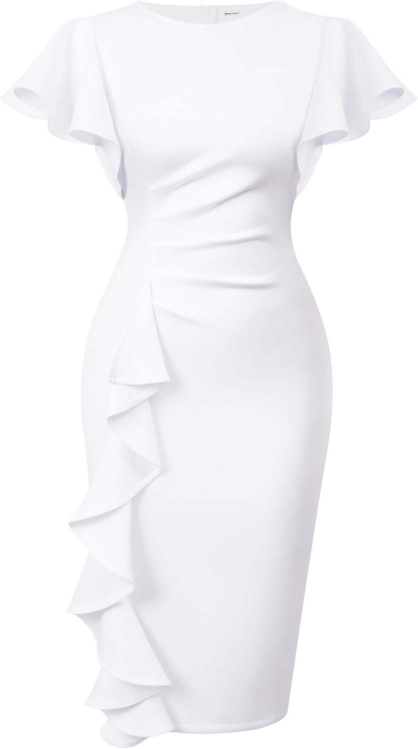 Women's Ruffle Sleeve Sheath Dress - Ruched Waist Midi with Back Zipper and Knee Length Hem for Office Wear - Small