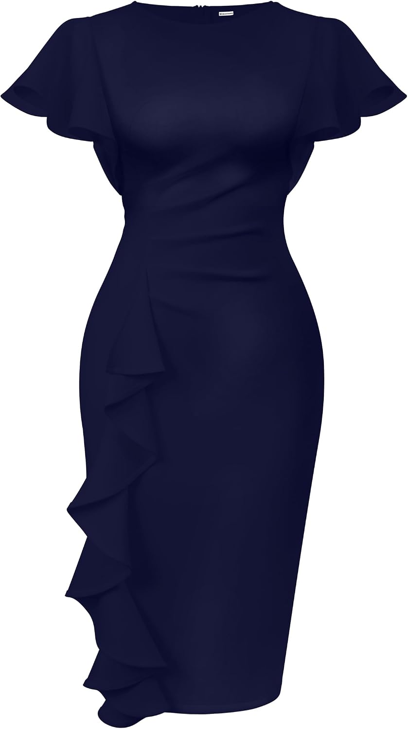 Women's Ruffle Sleeve Sheath Dress - Ruched Waist Midi with Back Zipper and Knee Length Hem for Office Wear - Small