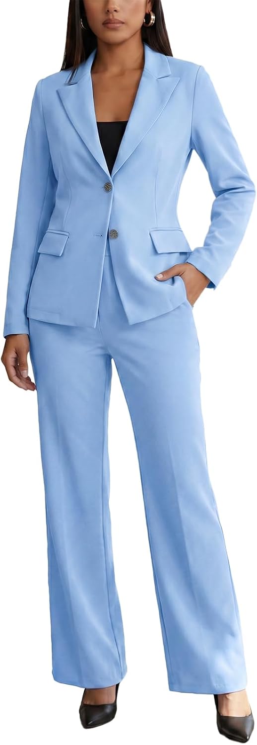 Women's Two Piece Suit Set - Long Sleeve Blazer with Straight Leg Trousers in Solid Colours for Office Work - Army Green