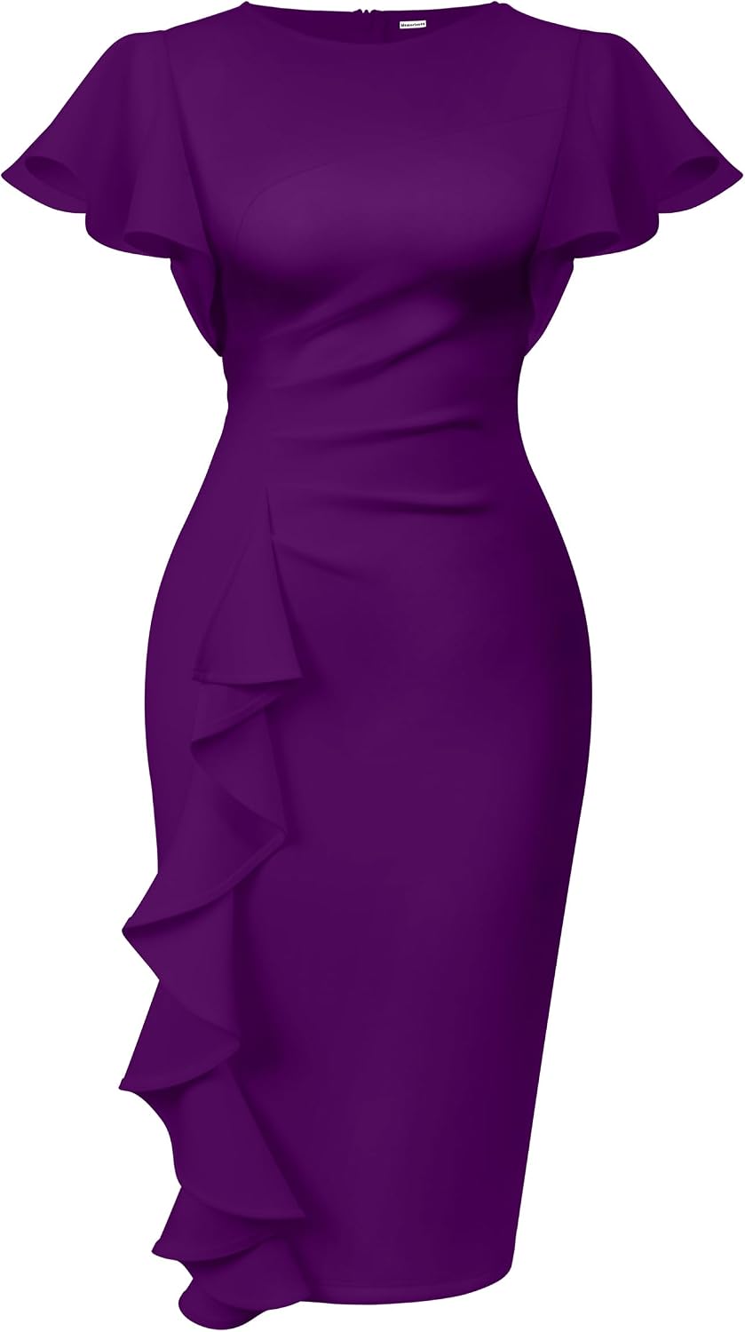 Women's Ruffle Sleeve Sheath Dress - Ruched Waist Midi with Back Zipper and Knee Length Hem for Office Wear - Medium