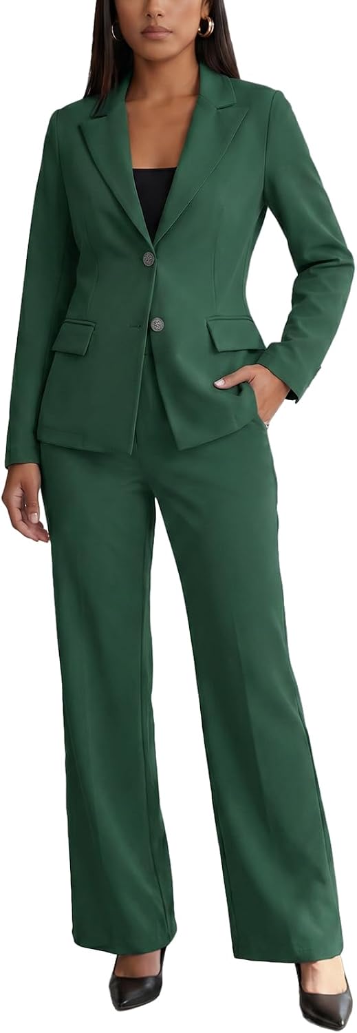 Women's Two Piece Suit Set - Long Sleeve Blazer with Straight Leg Trousers in Solid Colours for Office Work - Army Green