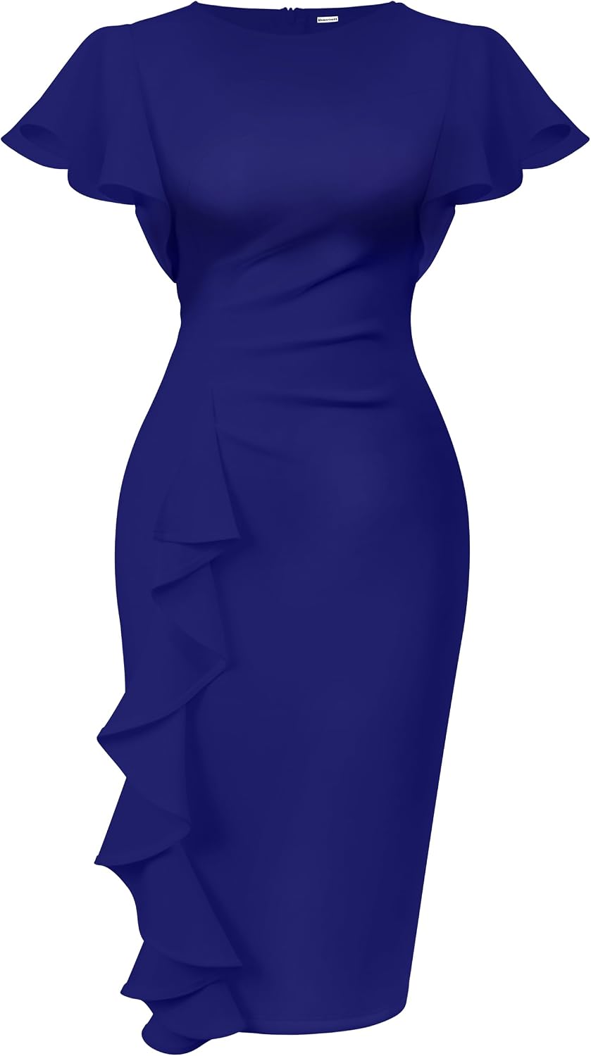 Women's Ruffle Sleeve Sheath Dress - Ruched Waist Midi with Back Zipper and Knee Length Hem for Office Wear - Medium