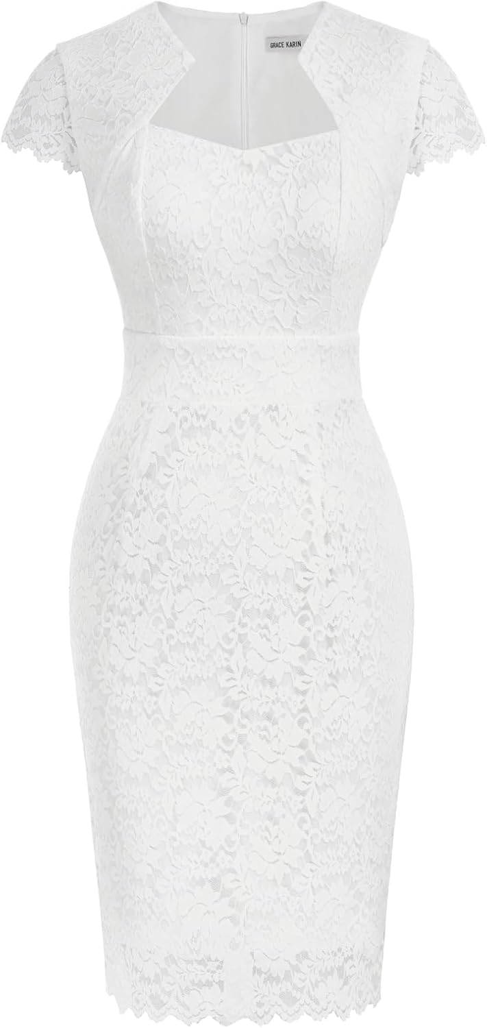 Women's Lace Cocktail Dress - Cap Sleeve Bodycon Pencil Dress for Weddings, Banquets and Semi Formal Evenings - Small