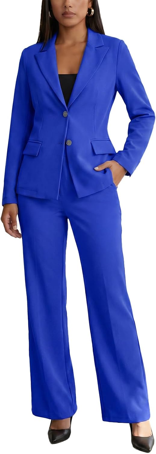 Women's Two Piece Suit Set - Long Sleeve Blazer with Straight Leg Trousers in Solid Colours for Office Work - Army Green