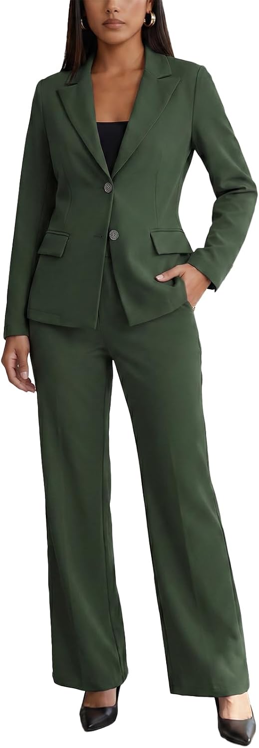 Women's Two Piece Suit Set - Long Sleeve Blazer with Straight Leg Trousers in Solid Colours for Office Work - Apricot