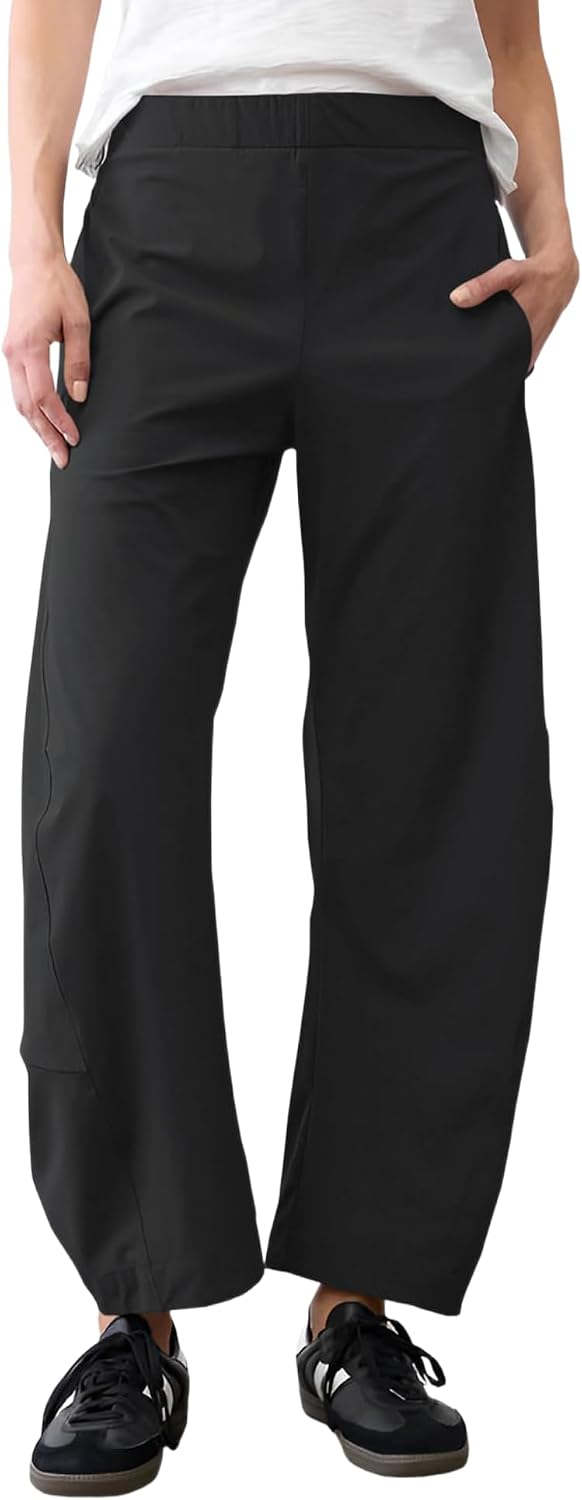 Women's Barrel Leg Ankle Pants - Loose Tapered Crop Trousers with Hidden Elastic Waist and Side Pockets - Small