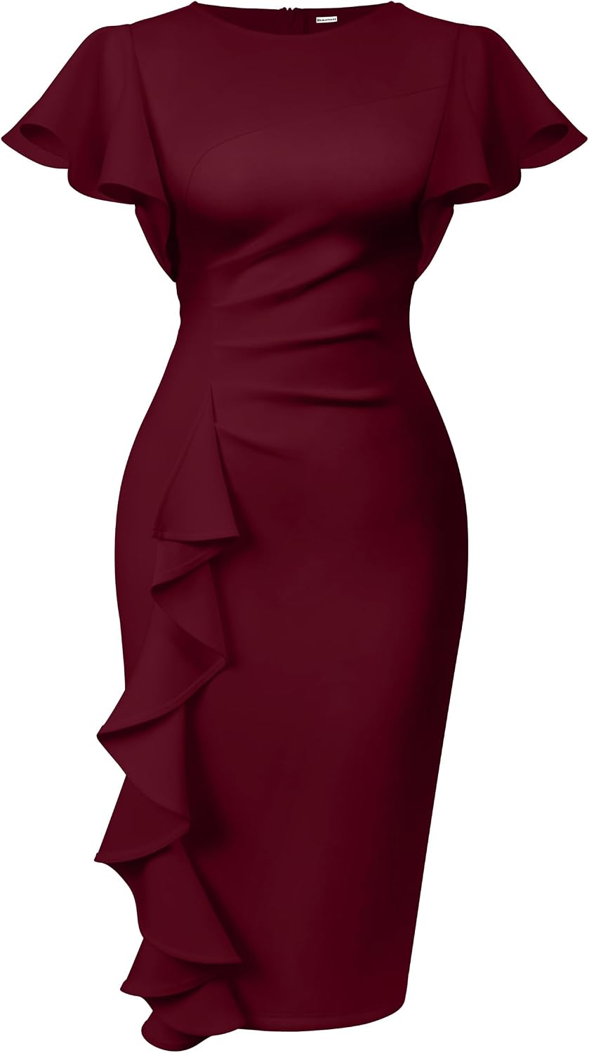 Women's Ruffle Sleeve Sheath Dress - Ruched Waist Midi with Back Zipper and Knee Length Hem for Office Wear - Medium