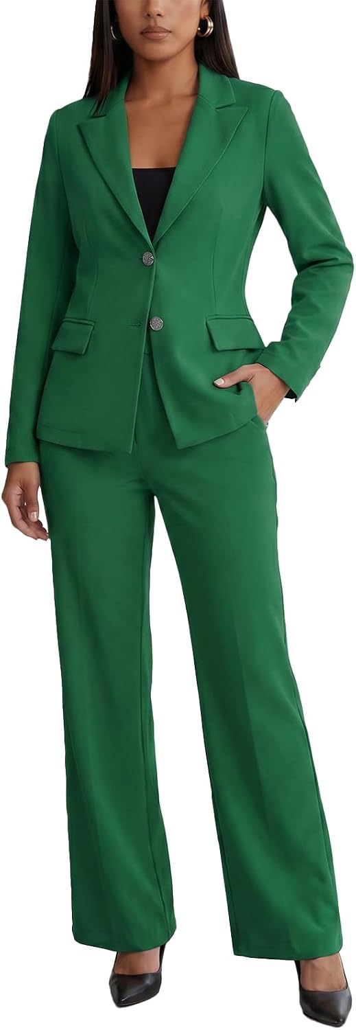 Women's Two Piece Suit Set - Long Sleeve Blazer with Straight Leg Trousers in Solid Colours for Office Work - Apricot (5