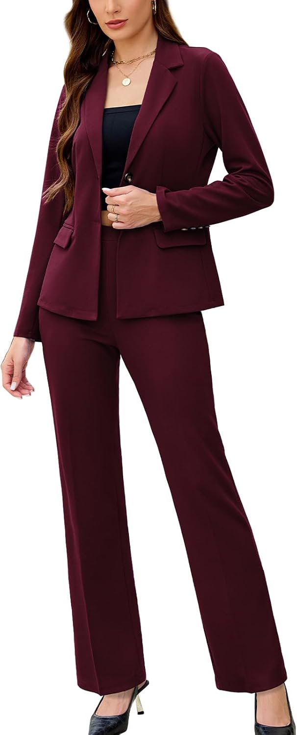 Women's Solid Two Piece Pantsuit - Long Sleeve Blazer and Trousers Set for Professional Office and Work Days - Small