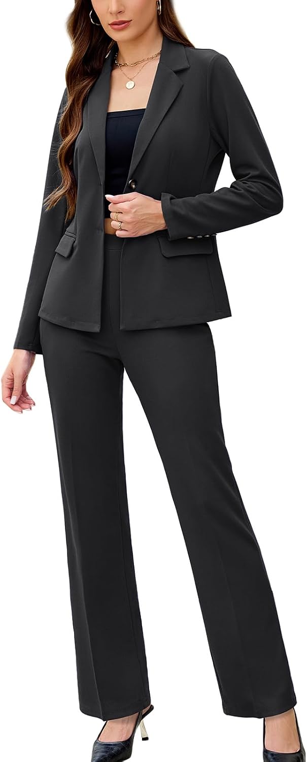 Women's Solid Two Piece Pantsuit - Long Sleeve Blazer and Trousers Set for Professional Office and Work Days - Small (12