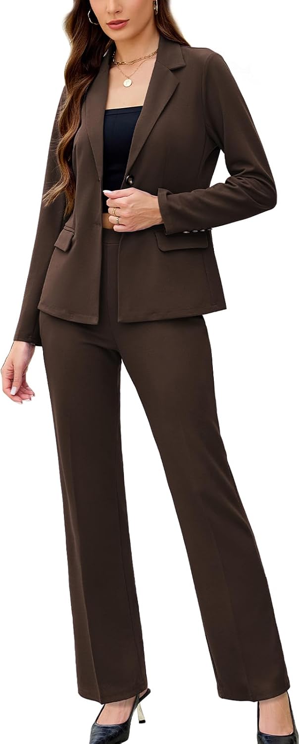 Women's Solid Two Piece Pantsuit - Long Sleeve Blazer and Trousers Set for Professional Office and Work Days - Small