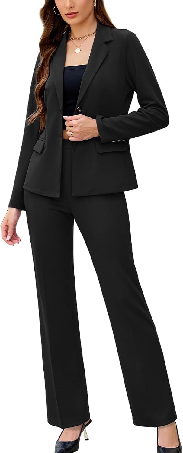 Women's Solid Two Piece Pantsuit - Long Sleeve Blazer and Trousers Set for Professional Office and Work Days - Small