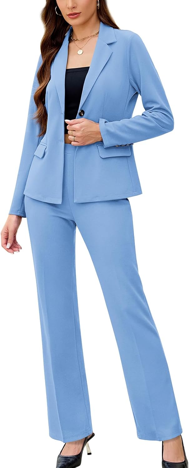 Women's Solid Two Piece Pantsuit - Long Sleeve Blazer and Trousers Set for Professional Office and Work Days - Small