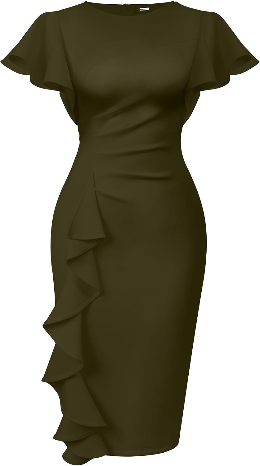 Women's Ruffle Sleeve Sheath Dress - Ruched Waist Midi with Back Zipper and Knee Length Hem for Office Wear - Medium