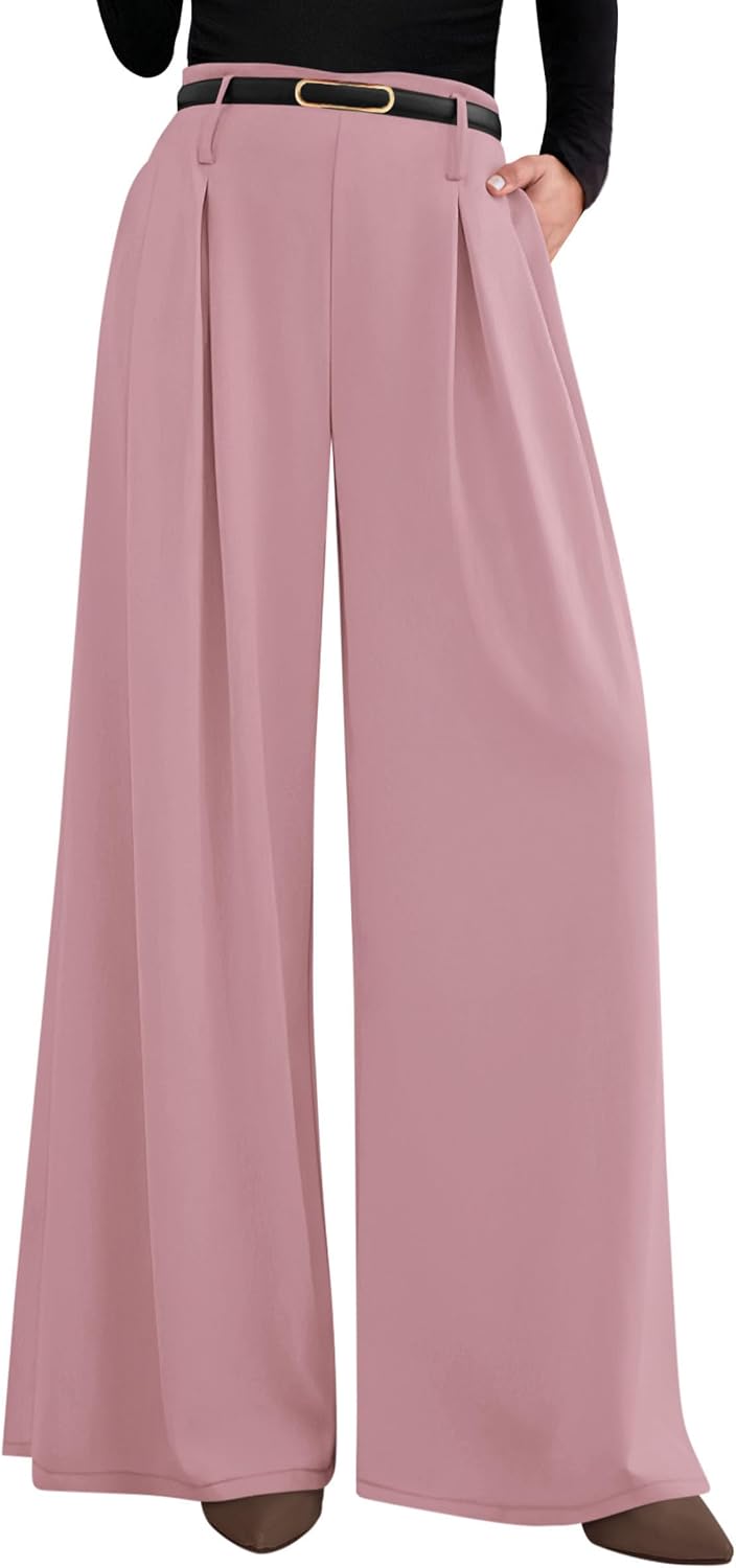 Women's Wide Leg Dress Pants - Pleated Front Palazzo Trousers with Elastic High Waist and Pockets for Work - Small