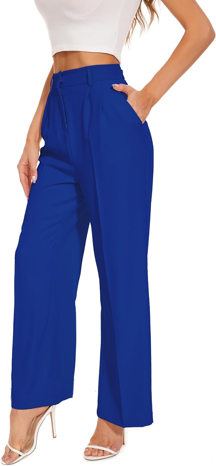 Women's High Waist Wide Leg Work Pants - Loose Office Slacks with Back Elastic Waistband for Business Casual - Large Lon