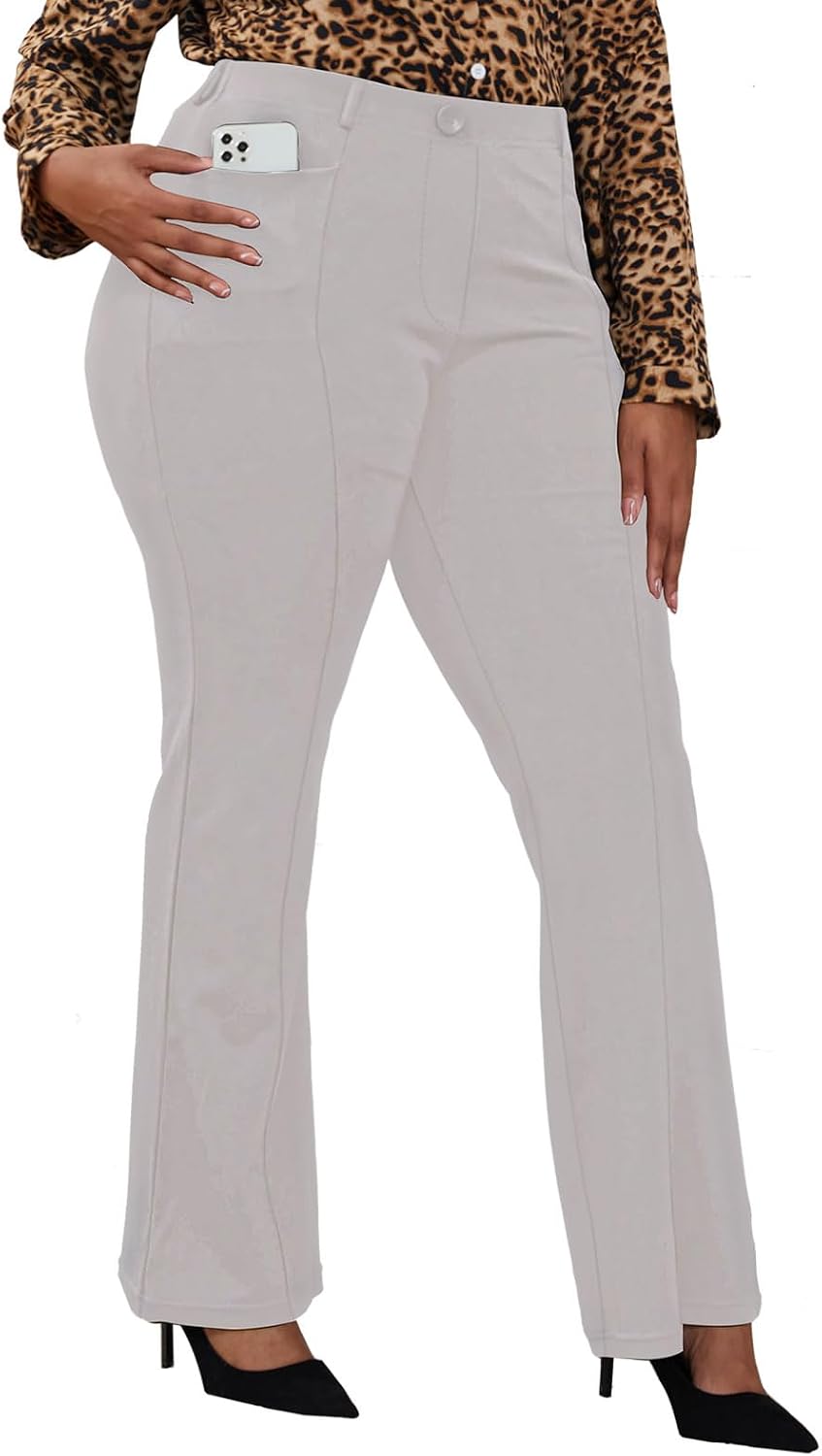 Women's Plus Size Pull On Dress Pants - Wrinkle Free Stretch Office Trousers in Petite, Regular and Long Fits - Long (16
