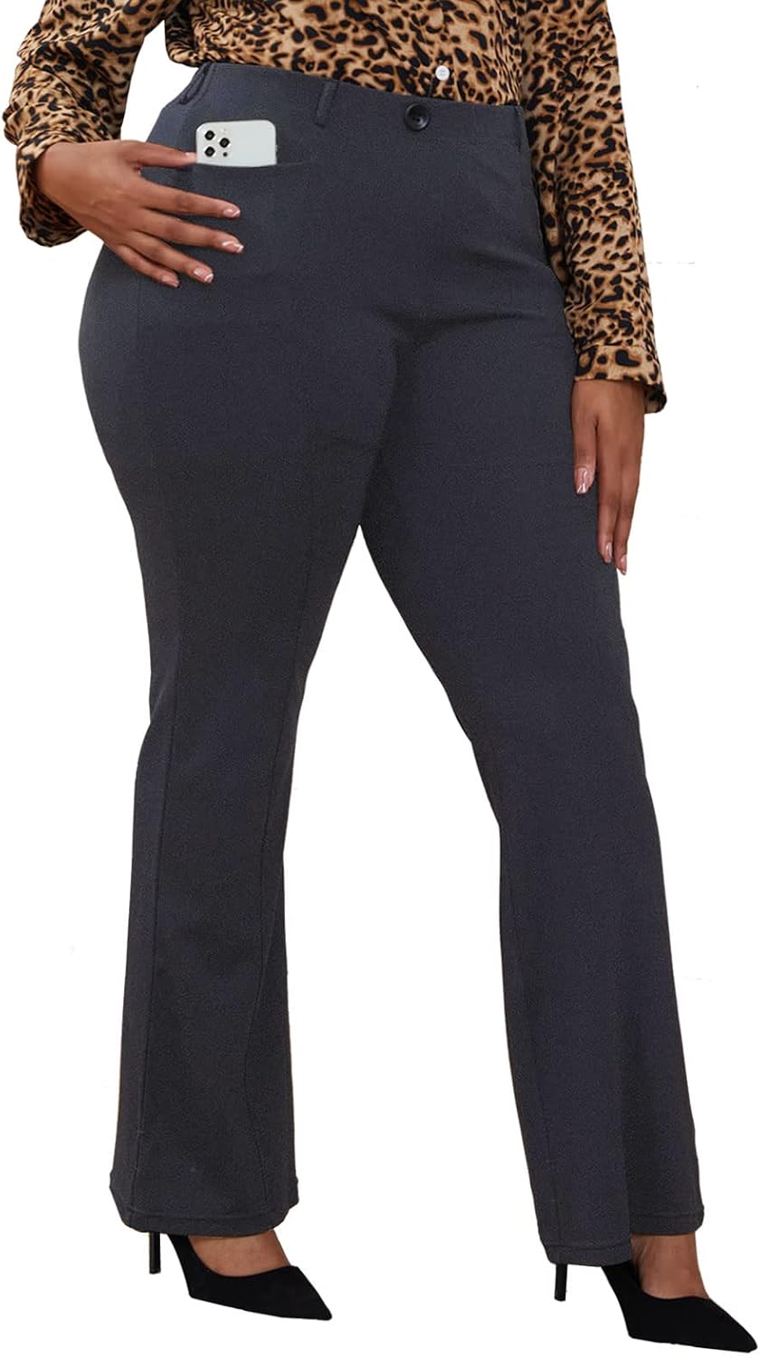 Women's Plus Size Pull On Dress Pants - Wrinkle Free Stretch Office Trousers in Petite, Regular and Long Fits - Long