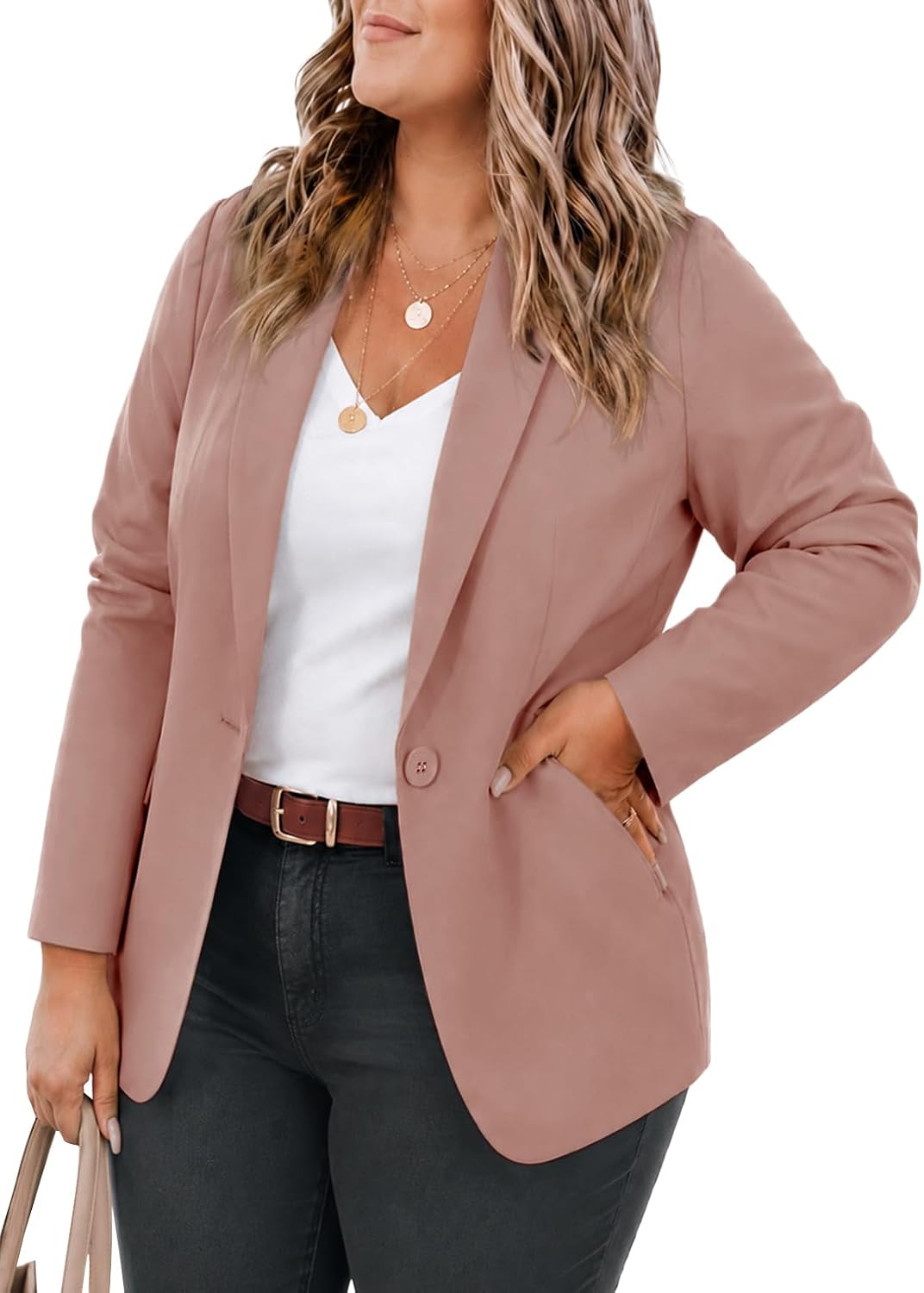 Women's Plus Size Lapel Blazer - Wrinkle Resistant Fabric, Single Button and Two Flap Pockets for Office Work - XX-Large
