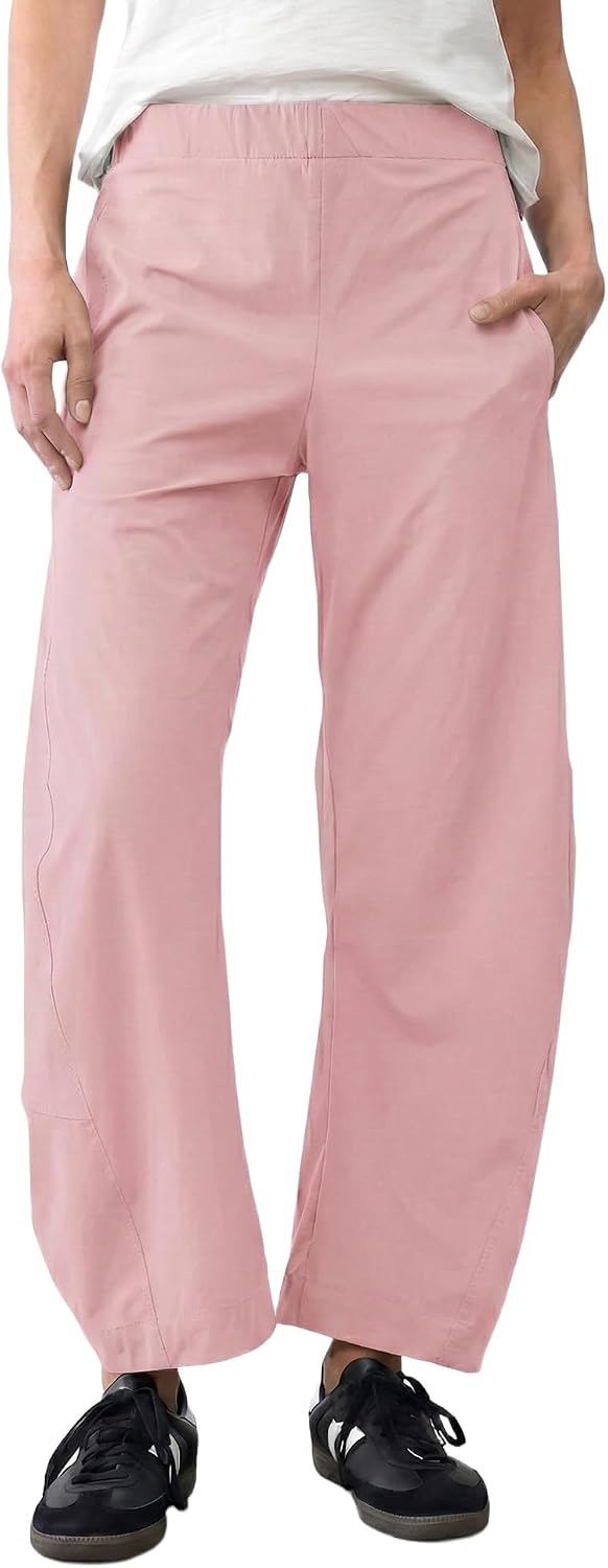 Women's Barrel Leg Ankle Pants - Loose Tapered Crop Trousers with Hidden Elastic Waist and Side Pockets - Small