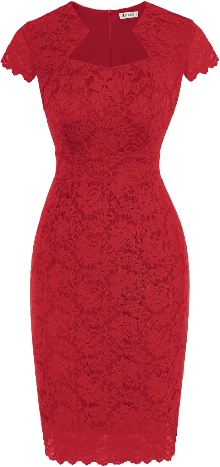Women's Lace Cocktail Dress - Cap Sleeve Bodycon Pencil Dress for Weddings, Banquets and Semi Formal Evenings - Small