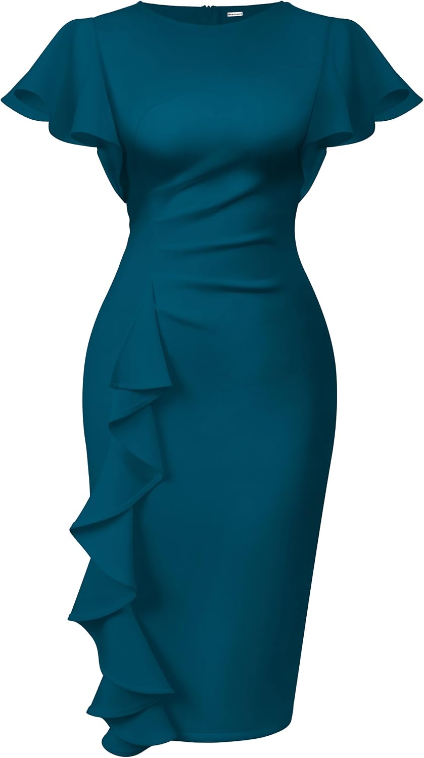 Women's Ruffle Sleeve Sheath Dress - Ruched Waist Midi with Back Zipper and Knee Length Hem for Office Wear - Small