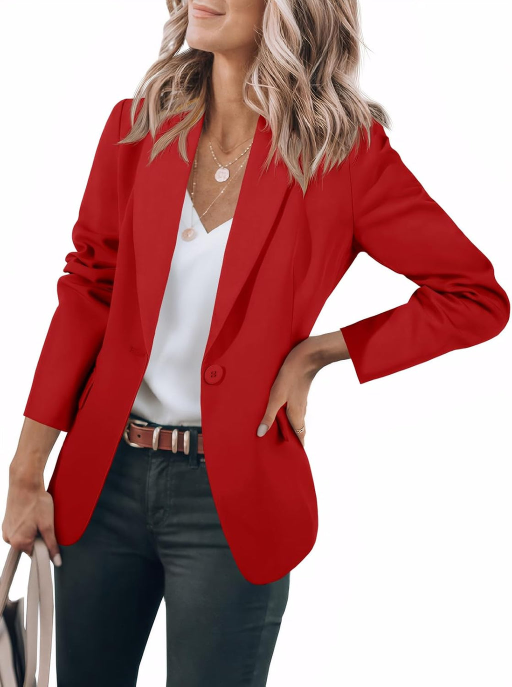 Women's Open Front Blazer - Notch Lapel Suit Jacket with Long Sleeves and Side Pockets for Work and Fall Layering - Medi