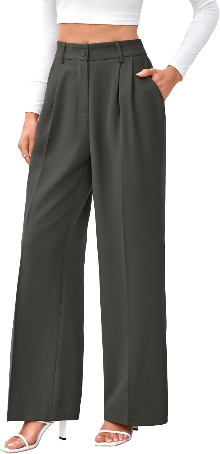 Women's High Waist Wide Leg Work Pants - Loose Office Slacks with Back Elastic Waistband for Business Casual - Small Lon