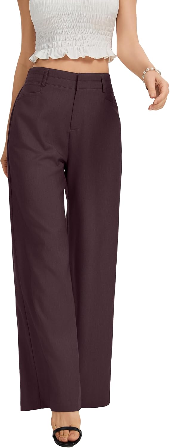 Women's High Waist Wide Leg Work Pants - Loose Office Slacks with Back Elastic Waistband for Business Casual - Small